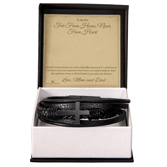 Far From Home, Never From Heart - Men's Cross Bracelet for Son