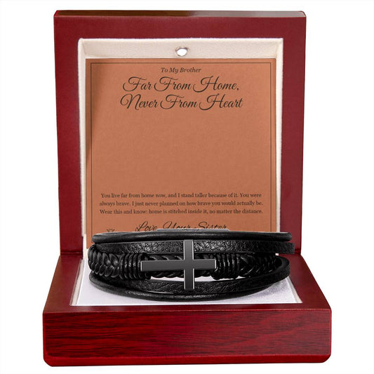 Far From Home, Never From Heart - Men's Cross Bracelet for Brother