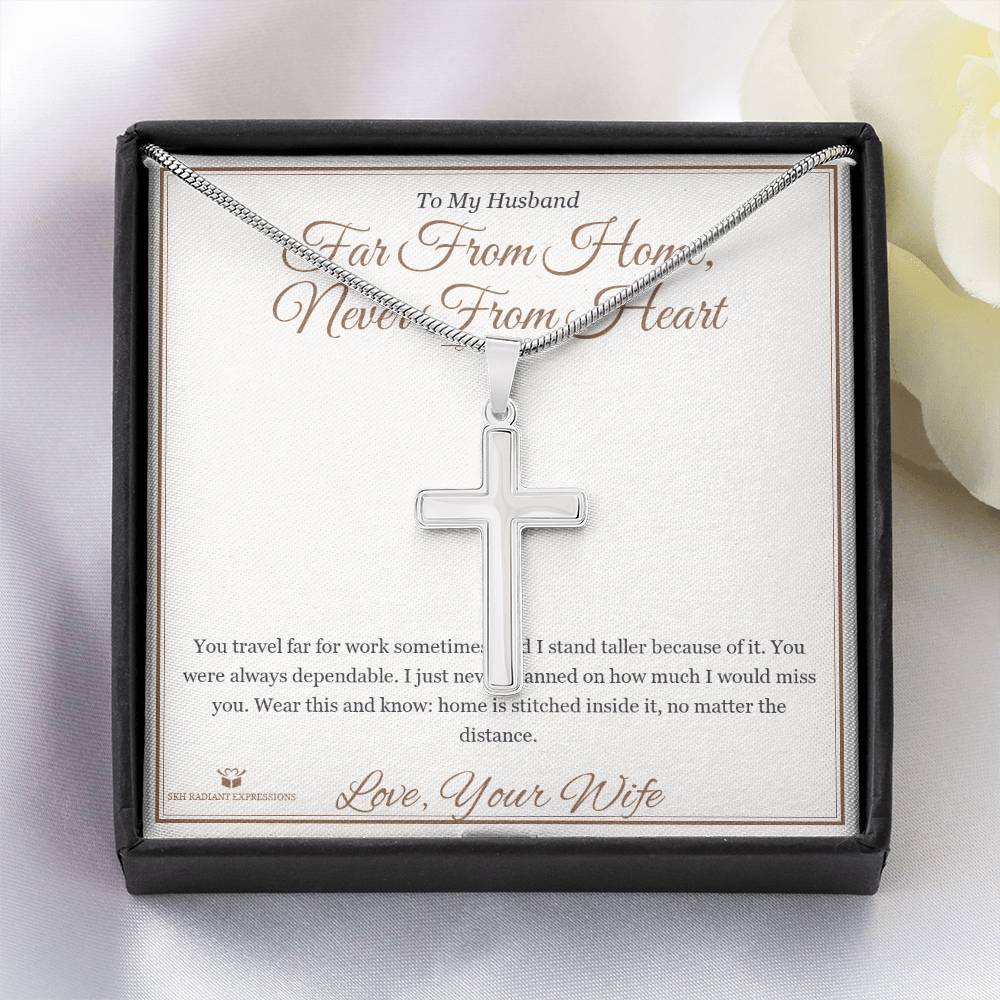 Far From Home, Never From Heart - Artisan Cross Necklace for Husband - personalized keepsake gift from SKH Radiant Expressions