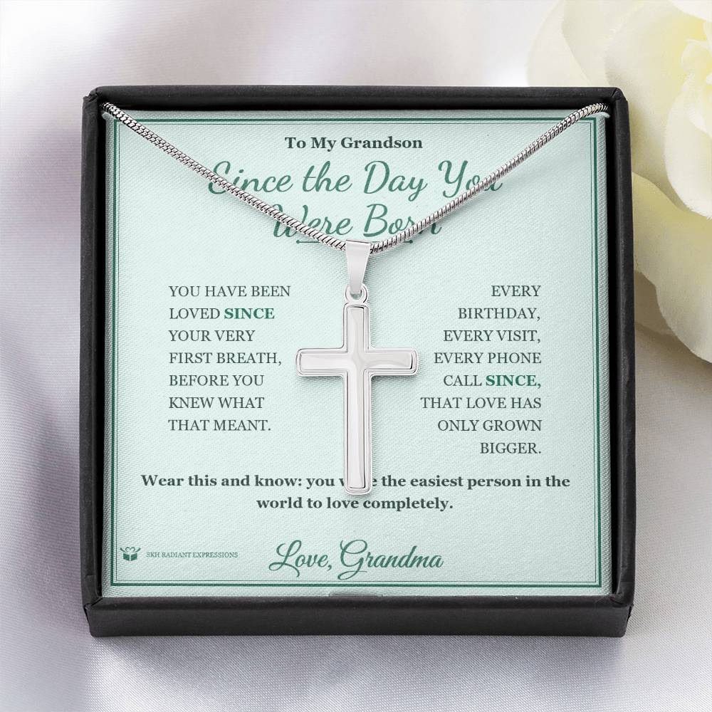 Since the Day You Were Born - Artisan Cross Necklace for Grandson - personalized keepsake gift from SKH Radiant Expressions