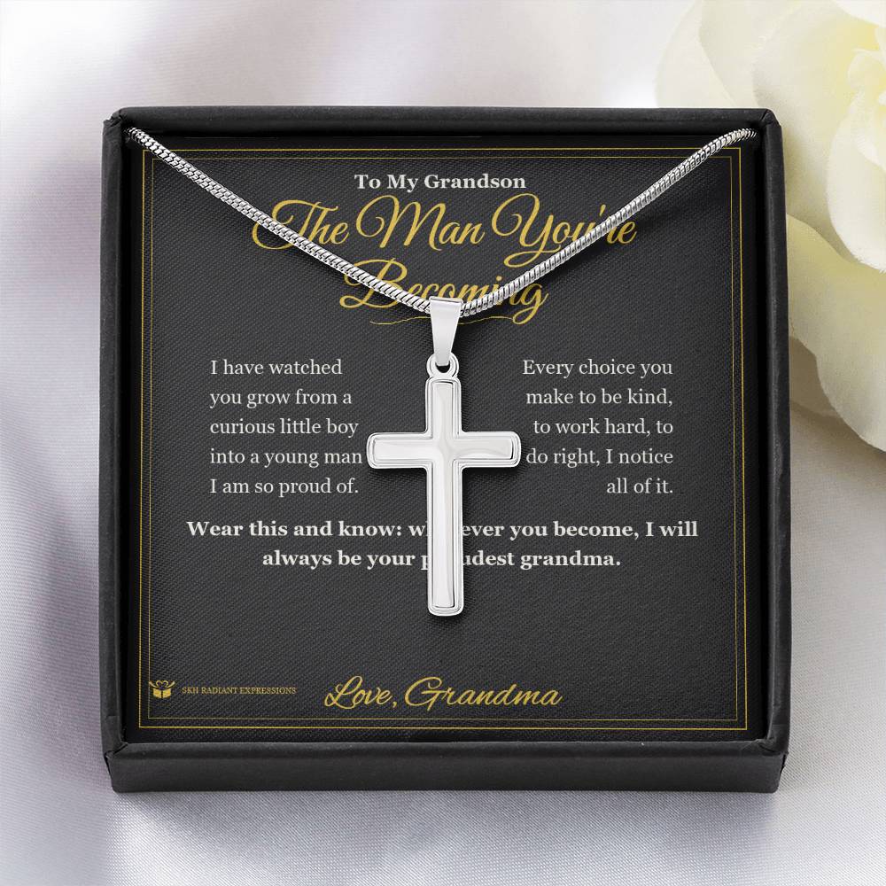 The Man You're Becoming - Artisan Cross Necklace for Grandson - personalized keepsake gift from SKH Radiant Expressions