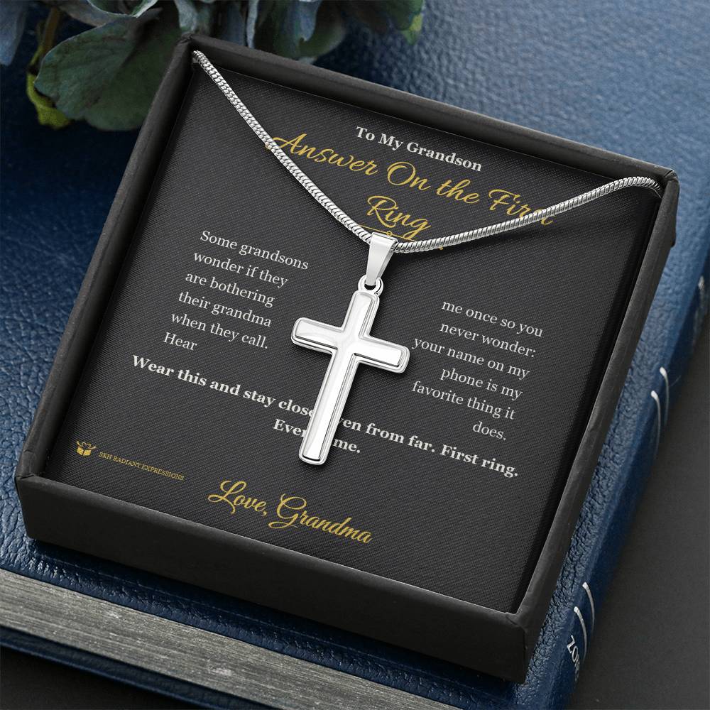 Answer On the First Ring - Artisan Cross Necklace for Grandson - personalized keepsake gift from SKH Radiant Expressions