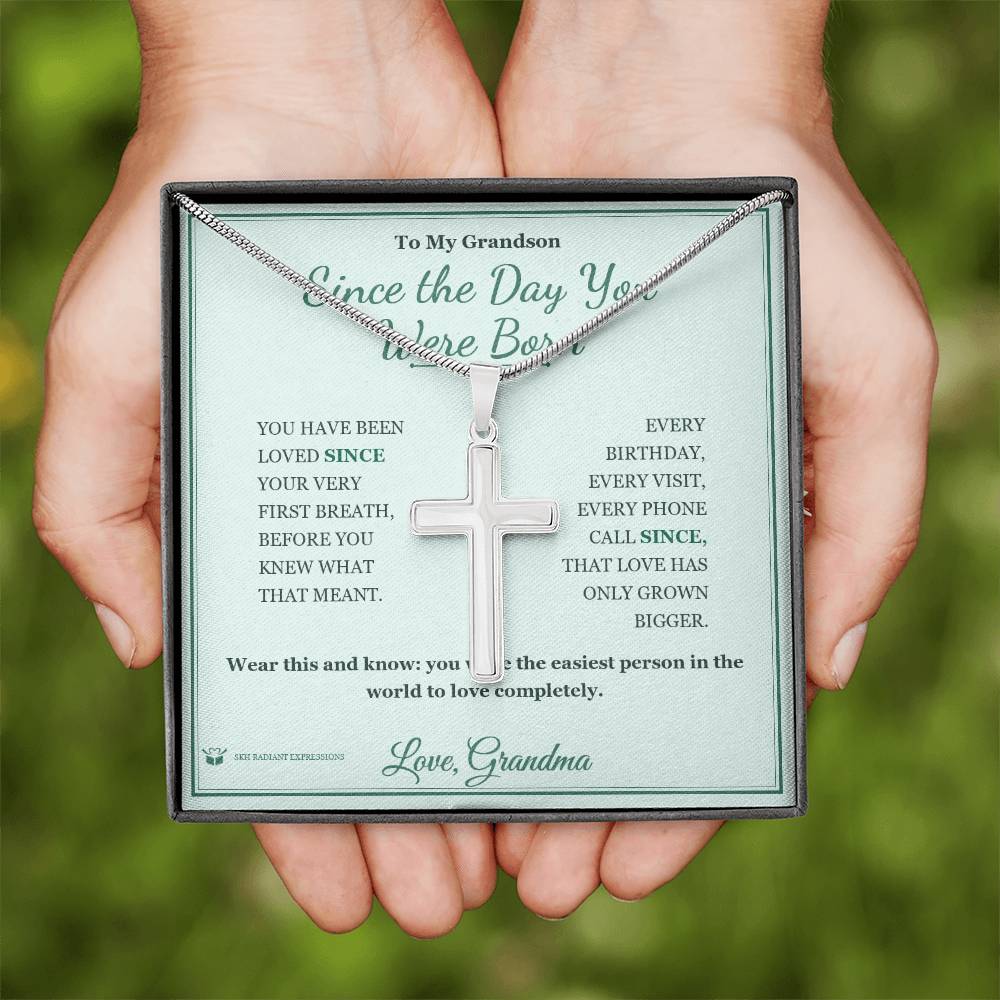 Since the Day You Were Born - Artisan Cross Necklace for Grandson - personalized keepsake gift from SKH Radiant Expressions