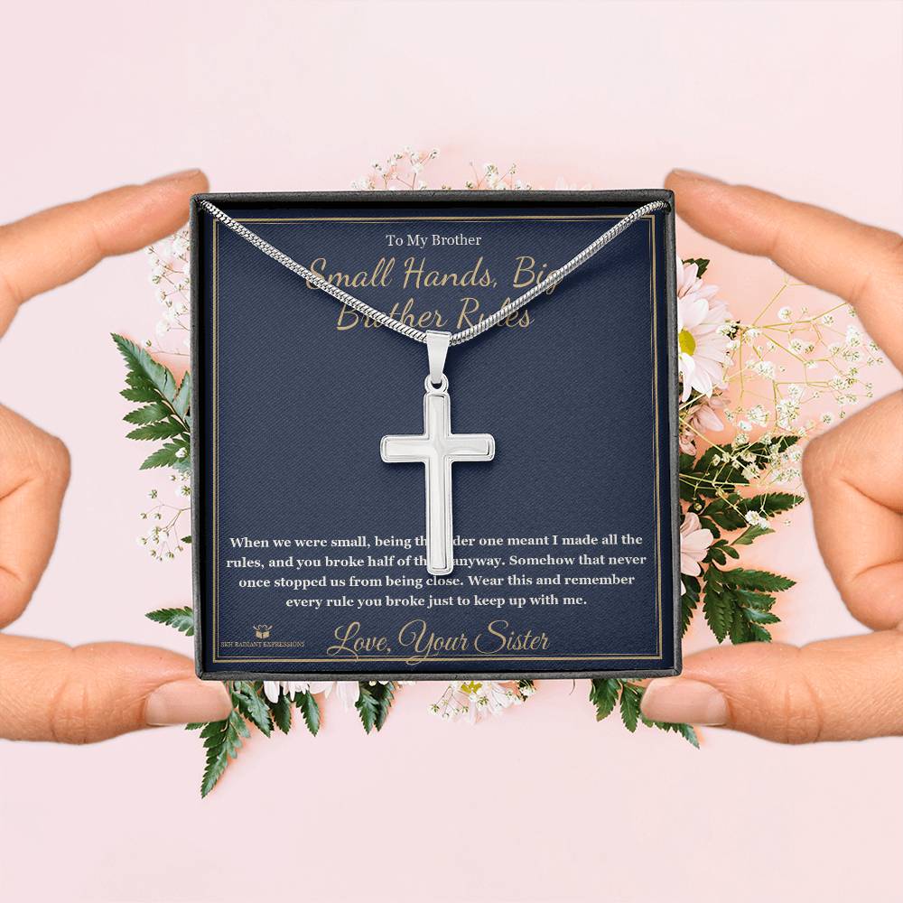 Small Hands, Big Brother Rules - Artisan Cross Necklace for Brother - personalized keepsake gift from SKH Radiant Expressions