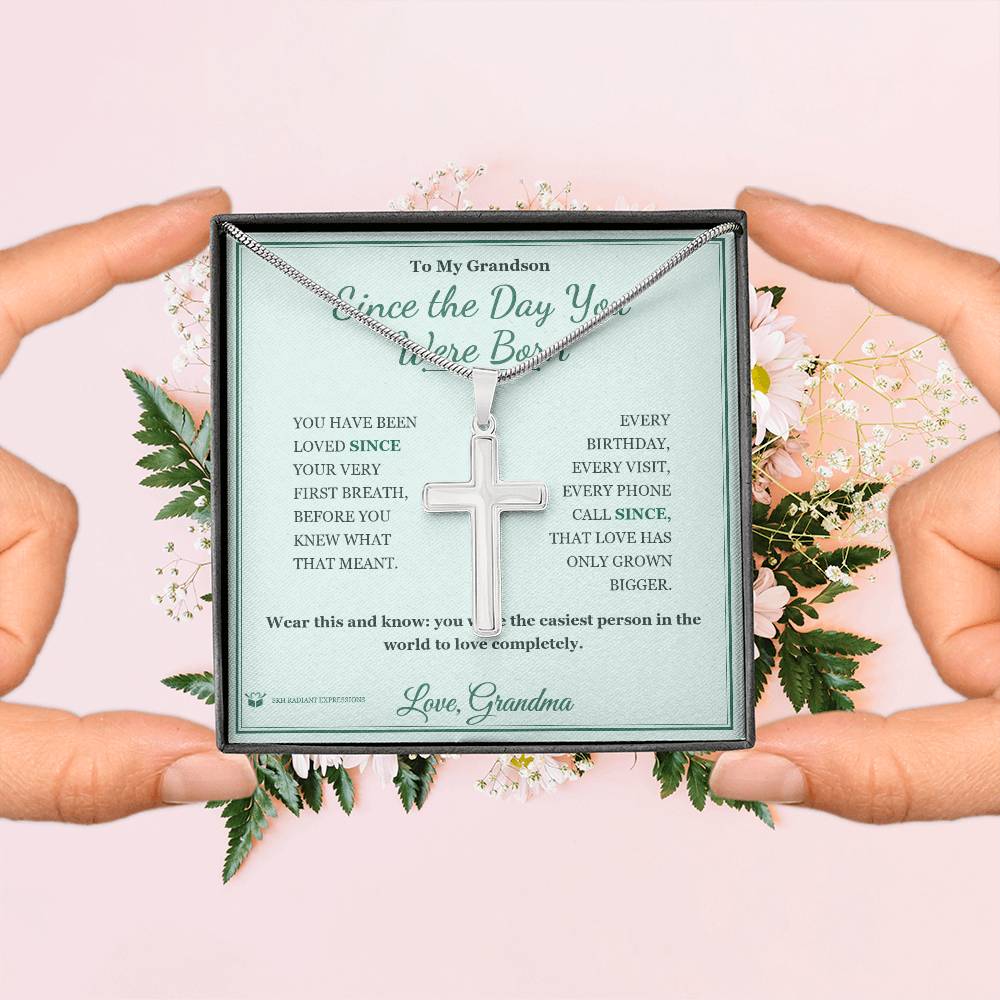 Since the Day You Were Born - Artisan Cross Necklace for Grandson - personalized keepsake gift from SKH Radiant Expressions