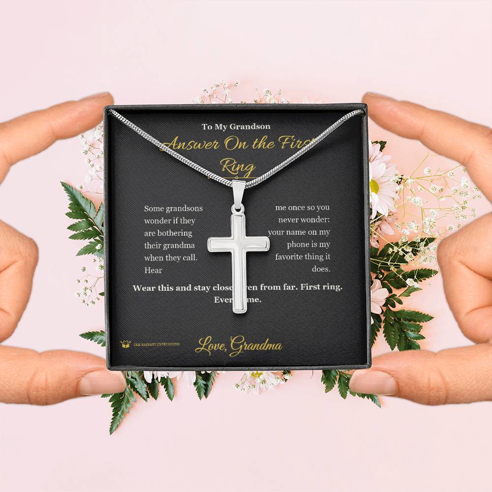 Answer On the First Ring - Artisan Cross Necklace for Grandson - personalized keepsake gift from SKH Radiant Expressions