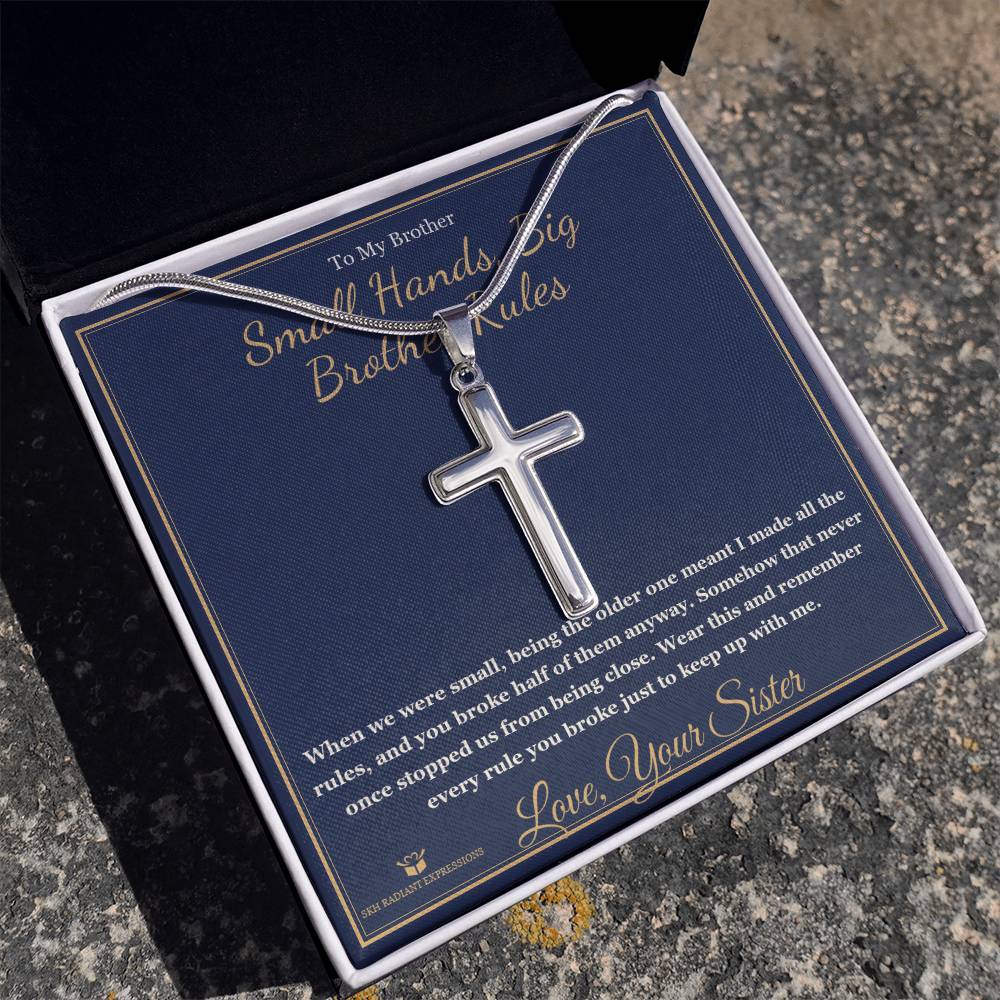 Small Hands, Big Brother Rules - Artisan Cross Necklace for Brother - personalized keepsake gift from SKH Radiant Expressions