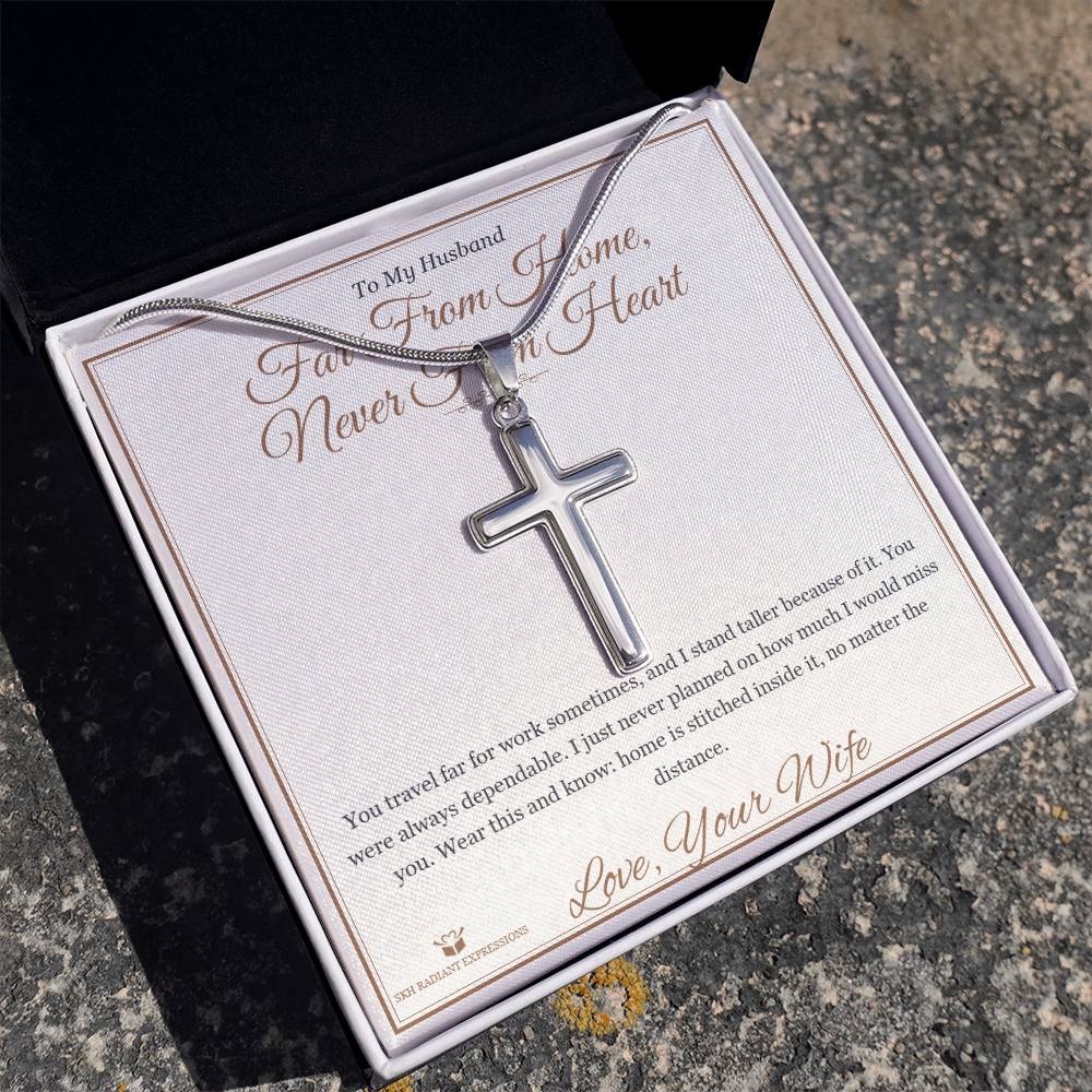 Far From Home, Never From Heart - Artisan Cross Necklace for Husband - personalized keepsake gift from SKH Radiant Expressions