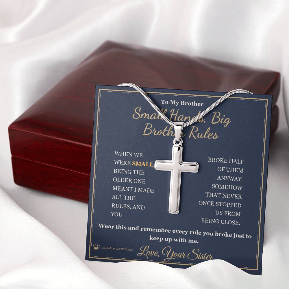 Small Hands, Big Brother Rules - Artisan Cross Necklace for Brother - personalized keepsake gift from SKH Radiant Expressions