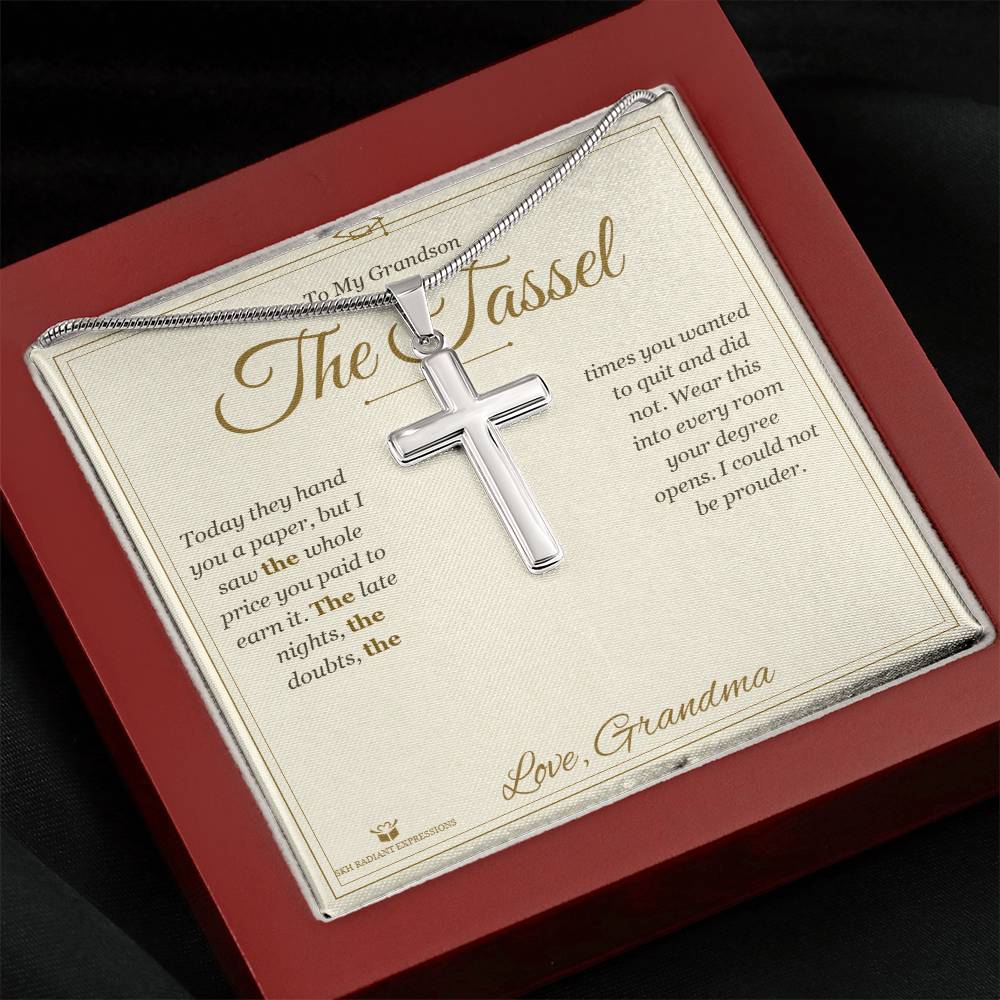 Engraved Artisan Cross Necklace with message for grandson