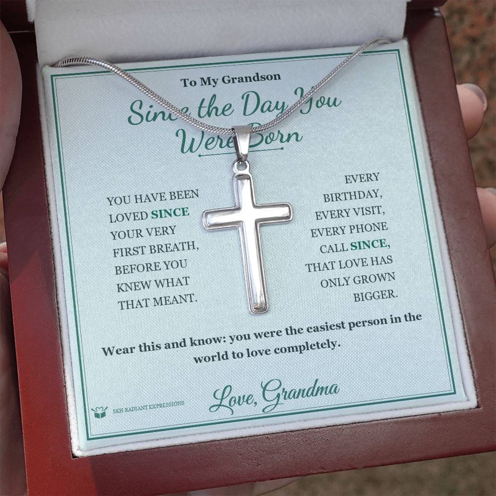 Since the Day You Were Born - Artisan Cross Necklace for Grandson - personalized keepsake gift from SKH Radiant Expressions