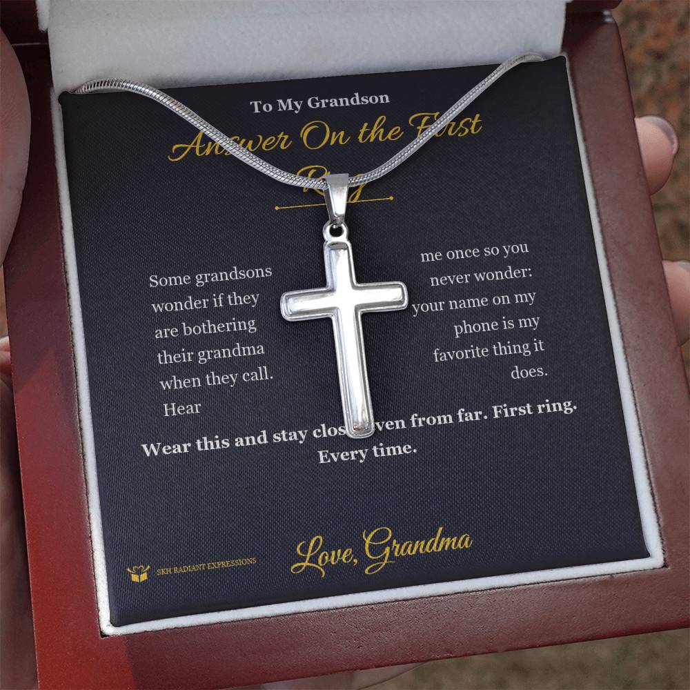 Answer On the First Ring - Artisan Cross Necklace for Grandson - personalized keepsake gift from SKH Radiant Expressions