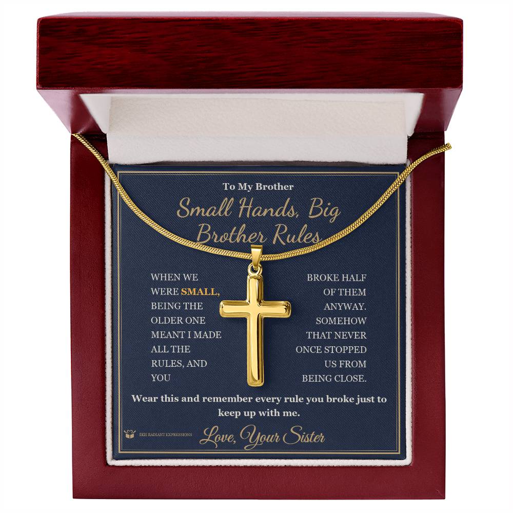 Small Hands, Big Brother Rules - Artisan Cross Necklace for Brother - personalized keepsake gift from SKH Radiant Expressions