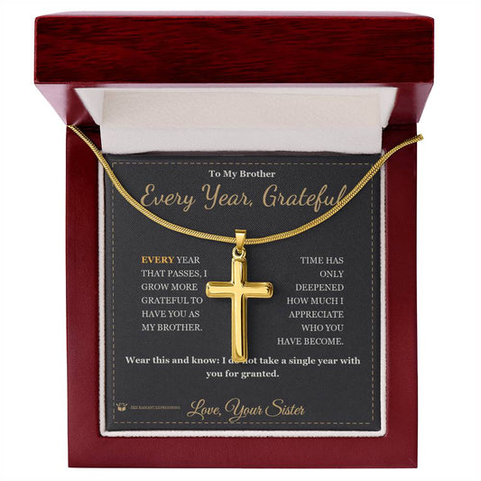 Every Year, Grateful - Artisan Cross Necklace for Brother - personalized keepsake gift from SKH Radiant Expressions