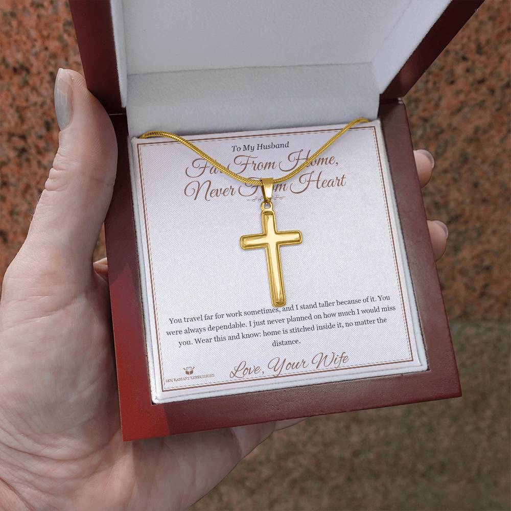 Far From Home, Never From Heart - Artisan Cross Necklace for Husband - personalized keepsake gift from SKH Radiant Expressions