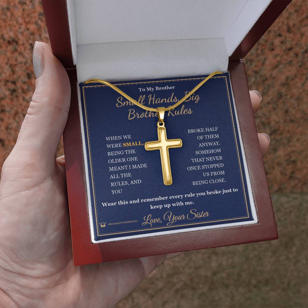 Small Hands, Big Brother Rules - Artisan Cross Necklace for Brother - personalized keepsake gift from SKH Radiant Expressions