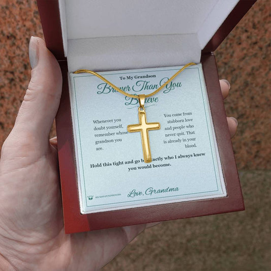 Braver Than You Believe - Artisan Cross Necklace for Grandson - personalized keepsake gift from SKH Radiant Expressions