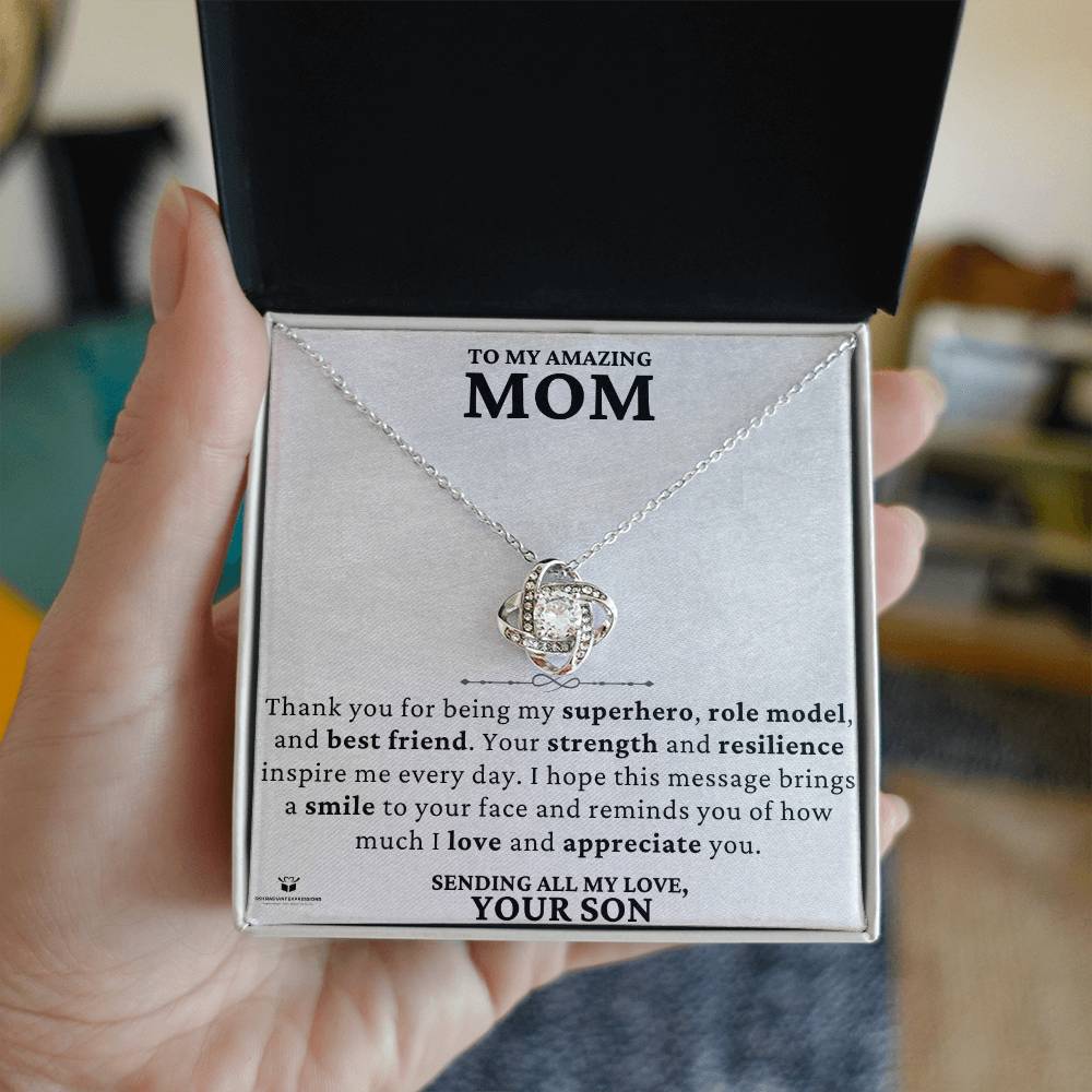Personalized message card and necklace gift from a son to his mom