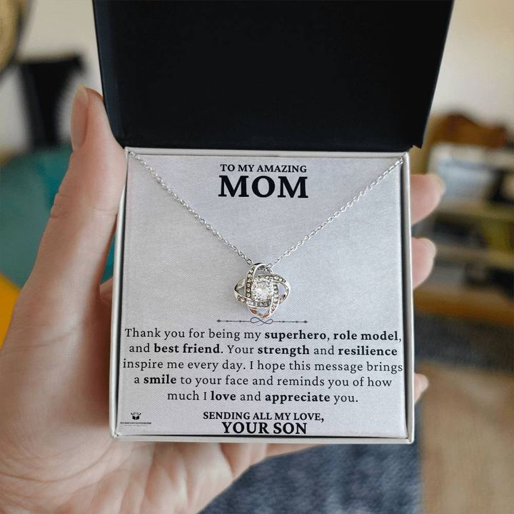 Personalized message card and necklace gift from a son to his mom